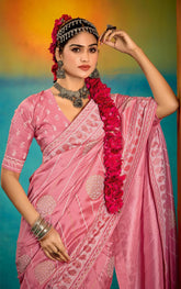 Baby Pink Velvet Tussar Silk Printed Saree